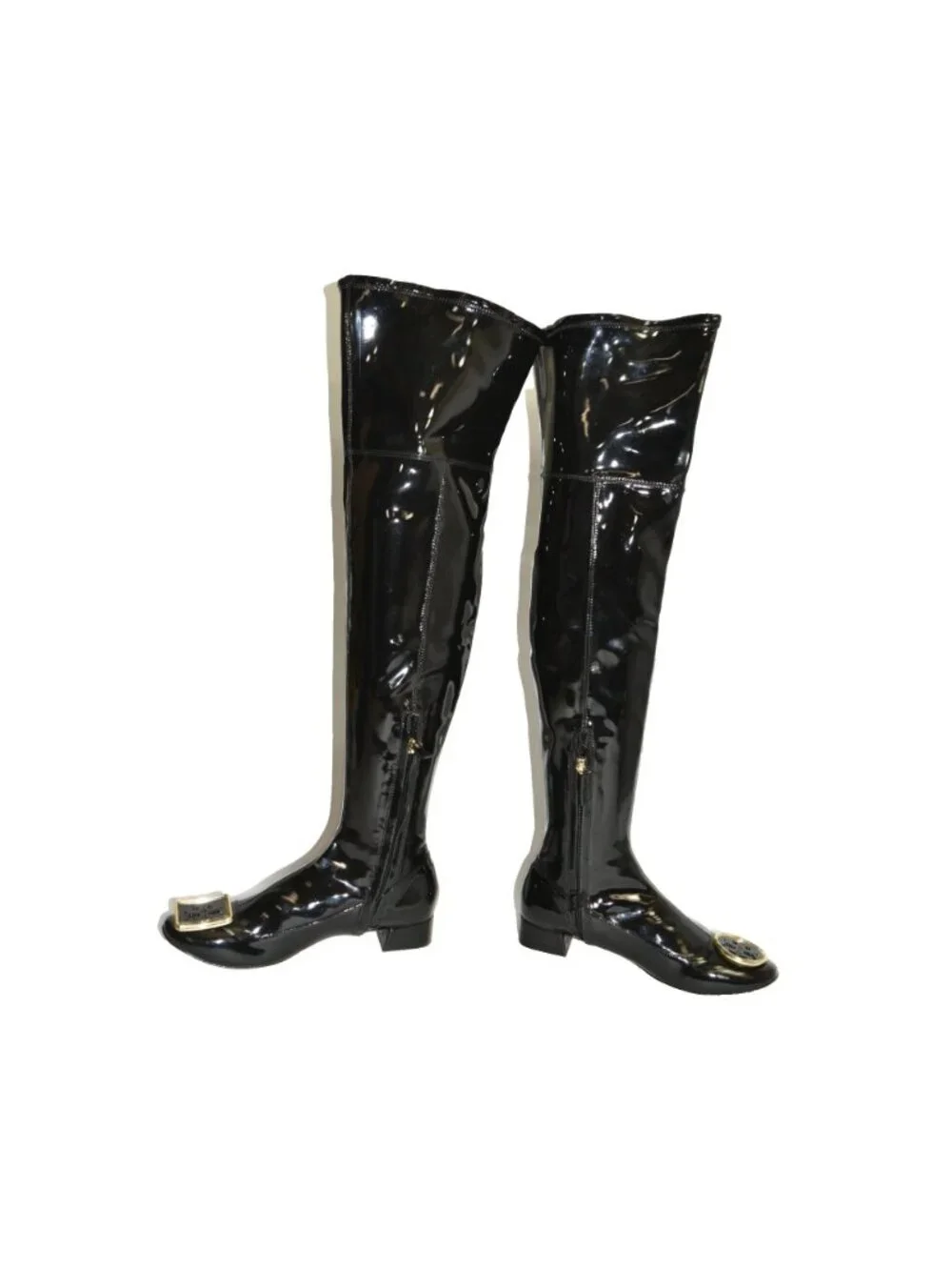$650 TORY BURCH Over the Knee Boot ZIP PATENT BLACK GOLD LOGO 5 US  (MW1)